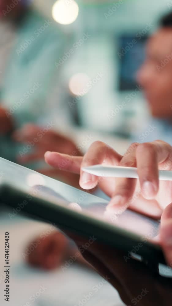 Poster Coding, developer and hands with tablet, office and employee with stylus for debugging and screen. Business, programmer and person with tech for info, online and research for project with software