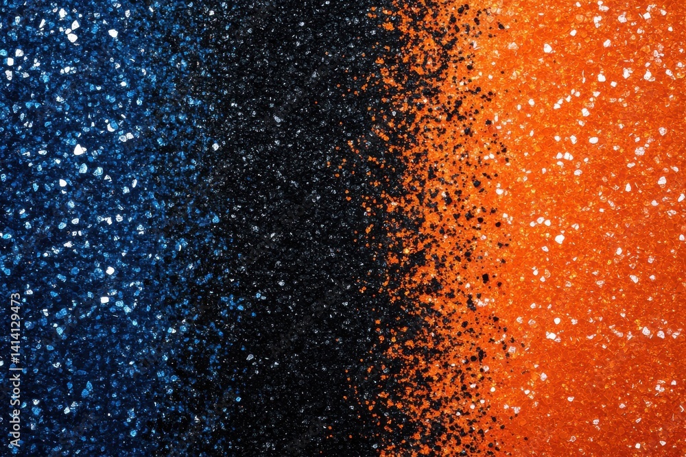 Poster an abstract image showing a textured surface divided into blue and orange sections with glitter effe
