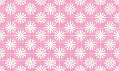 a pattern composed of white daisies flower with tartan pink pastel background , design for fabric or various pattern printing works.