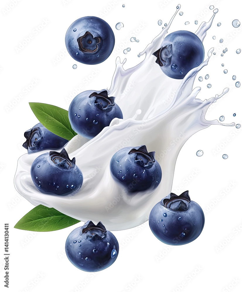 Poster blueberries splashing into a pool of milk creating a dynamic and fresh visual ideal for promoting da