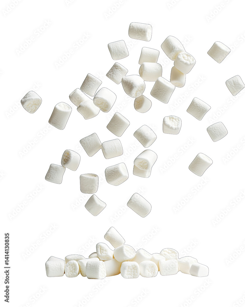 Poster white marshmallows is suspended in mid-air with some landing on a pile below creating a playful and 