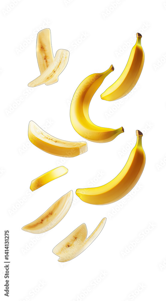 Poster a dynamic arrangement of bananas both whole and sliced appearing to float against a light background