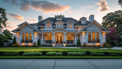 An old castle-like home with a garden, its architecture prominent against the evening sky