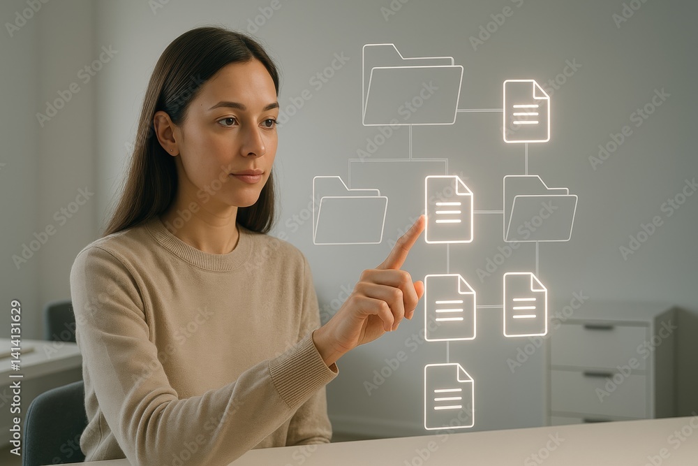 Poster digital workspace: a focused individual interacts with an illuminated, futuristic digital interface,