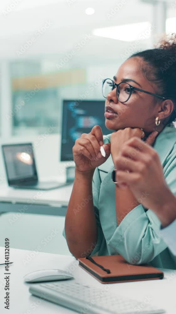 Poster Programming, woman and teamwork with tech, office and coder with stylus for debugging and discussion. Business, programmer and people with collaboration for coding, online and research with software