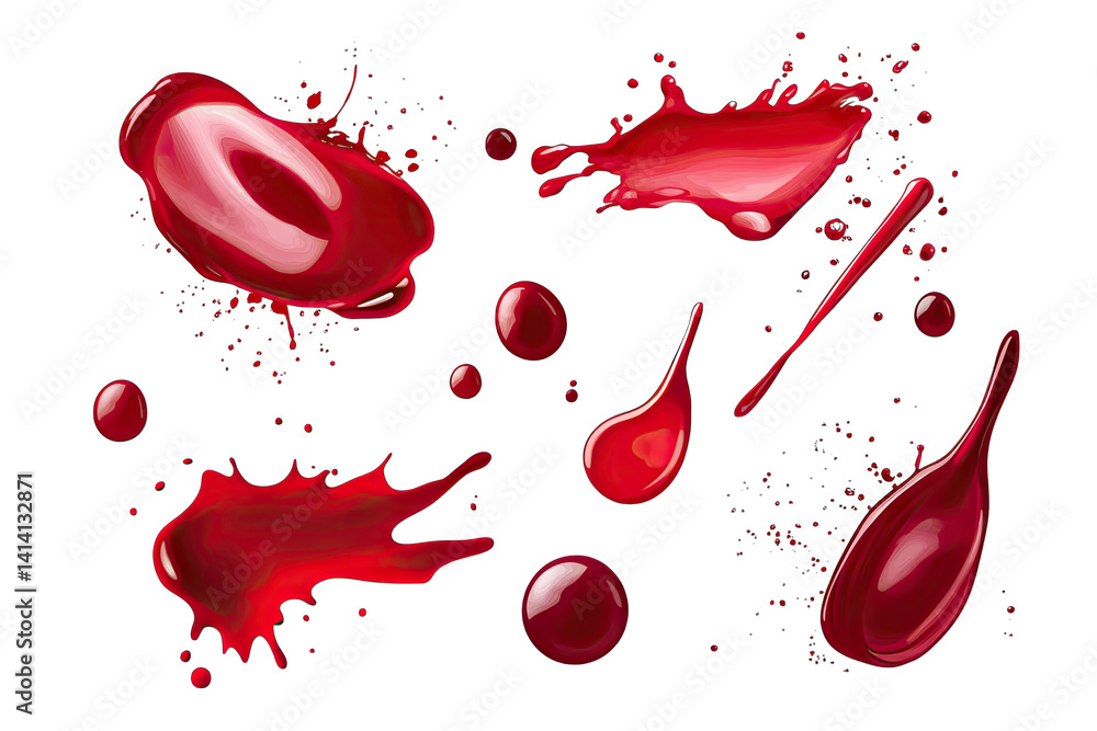 Poster various splashes and droplets of red liquid showcasing dynamic shapes and textures against a white b