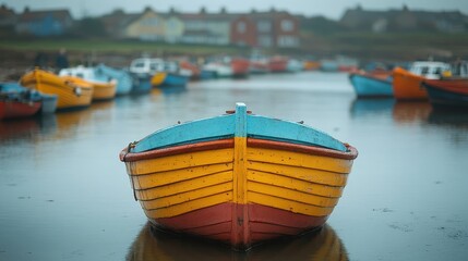 Obraz premium Colorful fishing boats clustered in a calm harbor.