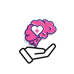 mental health icon. symbol of brain or mind therapy in hand. Mixed design style. Design template vector