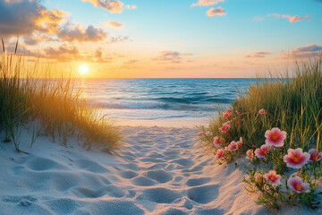 Sandy beach path with wildflowers at sunset by the ocean
바다 해질녘, 야생화가 핀 모래 해변 오솔길