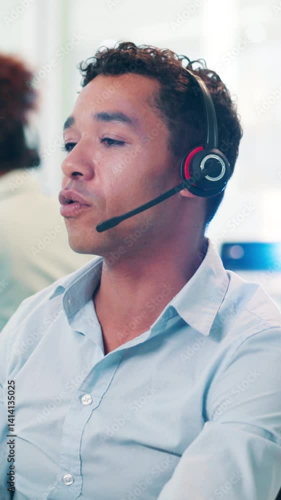 Poster office, businessman and consulting with headset for call center, help and agent for customer service