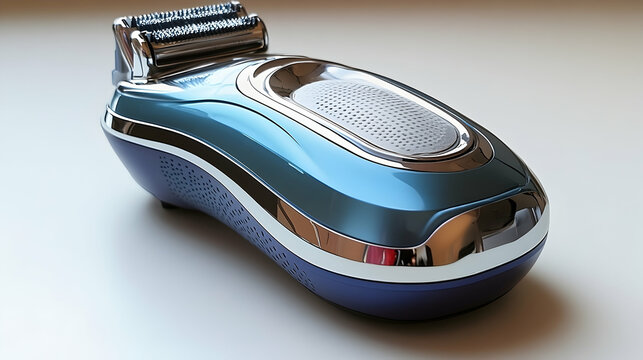 Sleek blue electric shaver with chrome accents on a white surfac
