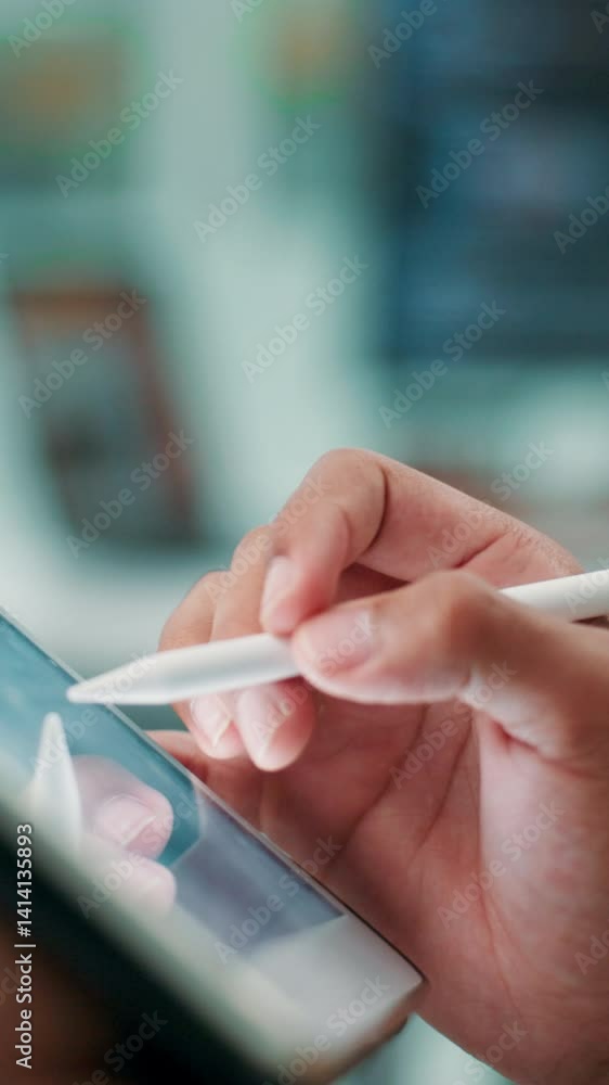 Aufkleber Programming, online and hands with tablet, office and coder with stylus for debugging and employee. Business, programmer and person with tech for coding, testing or research for project with software