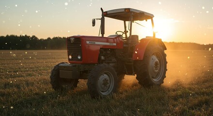Fototapeta premium Red Tractor at Sunset: A Rustic, Golden-Hour Farm Scene