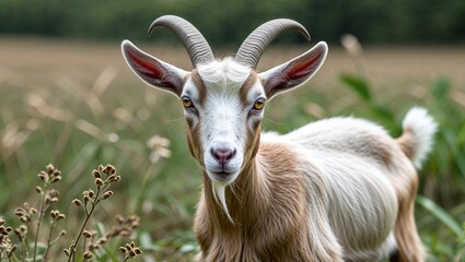 A brown, horned goat, a domestic mammal, grazes on summer pasture in a rural field