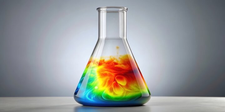 Chemical reaction vessel with heat map showing temperature distribution during exothermic synthesis process , reaction process, temperature distribution