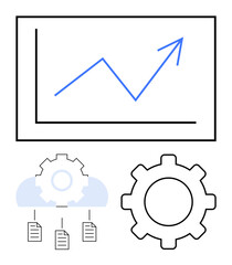 Rising graph indicating growth, cloud storing documents, gears representing optimization. Ideal for business, analytics, planning, technology, efficiency automation development. Flat simple