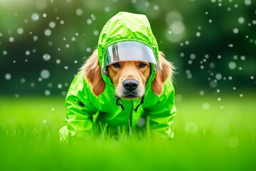 A dog wearing a green raincoat laying in the grass