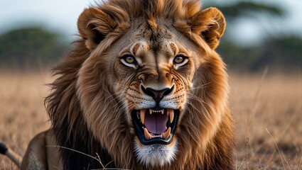 Majestic male lion portrait, the wild king with a strong mane