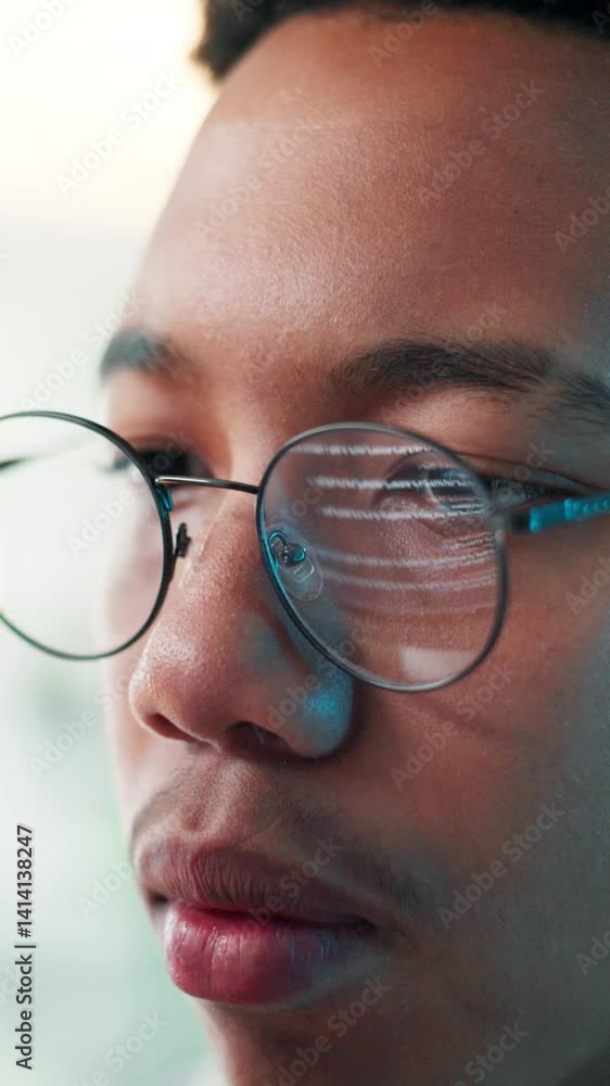 Poster Man, glasses and computer in office for programming, software development and problem solving. Reflection, programmer and face in agency for cybersecurity, coding update and thinking with technology