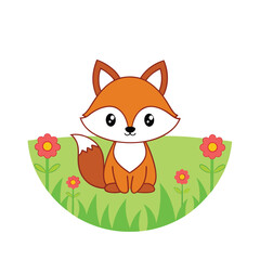 Obraz premium Adorable Cartoon Fox Sitting In A Flower Garden Illustration Design