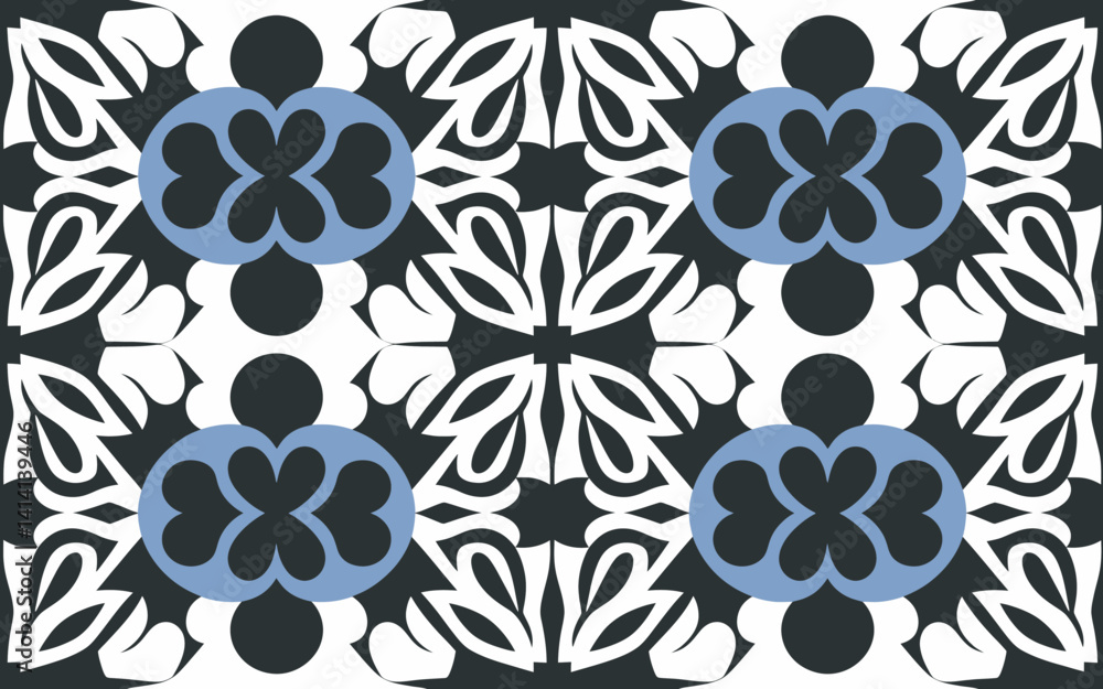 Poster seamless abstract pattern with floral and circular elements in blue and black