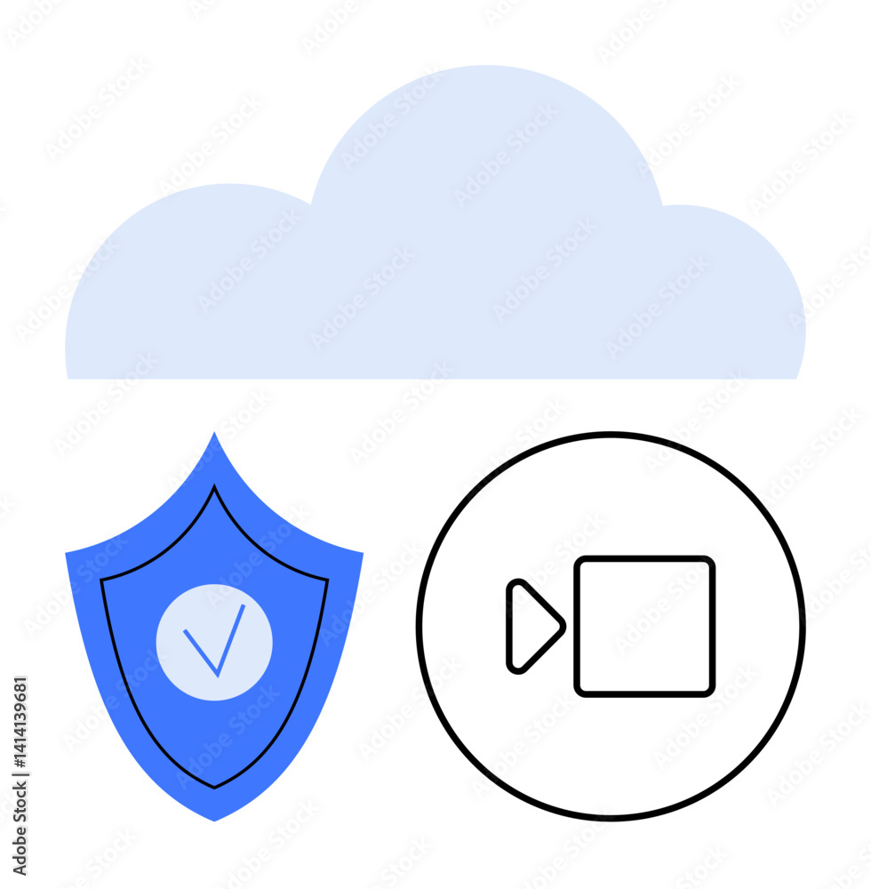 Poster cloud, shield with checkmark, video icon symbolizing digital storage, secure data access, and video 