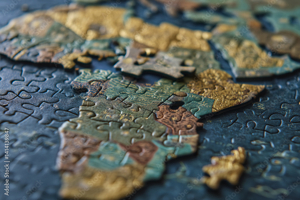 Poster close-up of interlocking jigsaw puzzle pieces, displaying various earth tones and gold accents, sugg