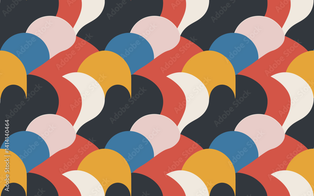Aufkleber retro style geometric pattern with rounded shapes in bold colors, seamless.