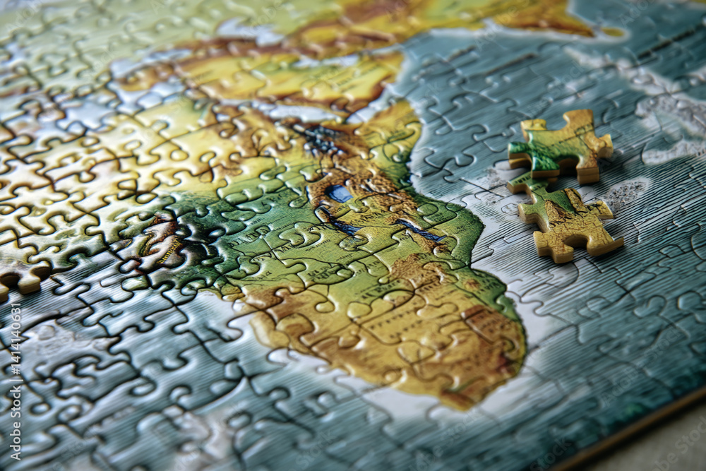 Poster Close-up of a partially completed jigsaw puzzle depicting a world map, showing texture and detail of interlocking pieces, symbolizing connection, completion, and global perspective