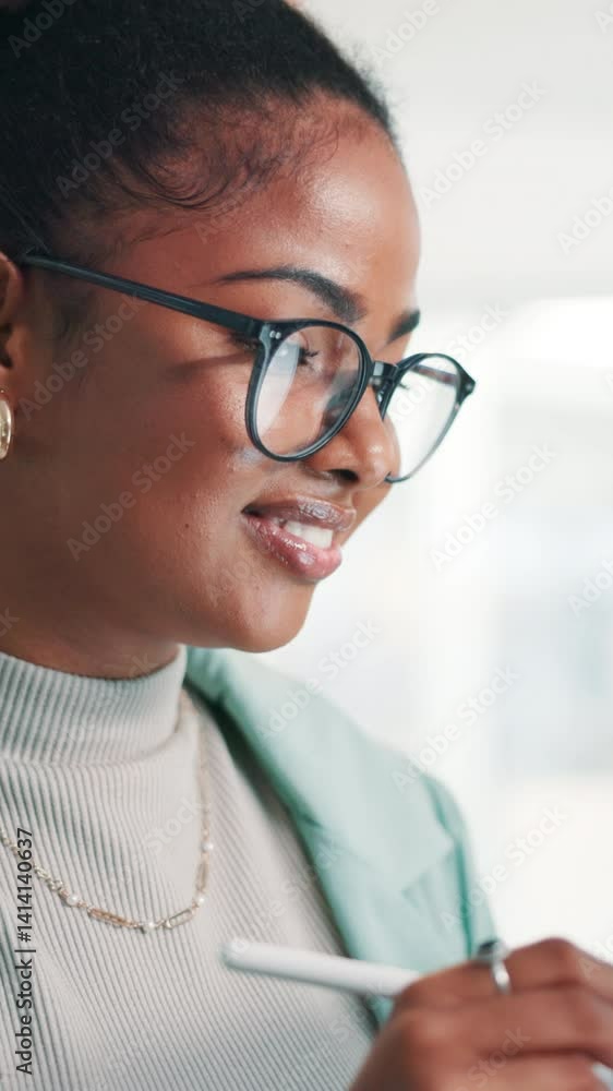 Poster Programming, developer and woman with glasses, office and coder with stylus for debugging and web. Business, programmer and person with tech for coding, online and research for project with software