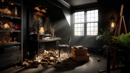 Messy room with a desk and chair illustrating a creative chaos and productive environment in a personal space