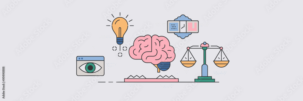 Poster ai ethics icon sheet with justice and transparency symbols – excellent for ai research content, ethi