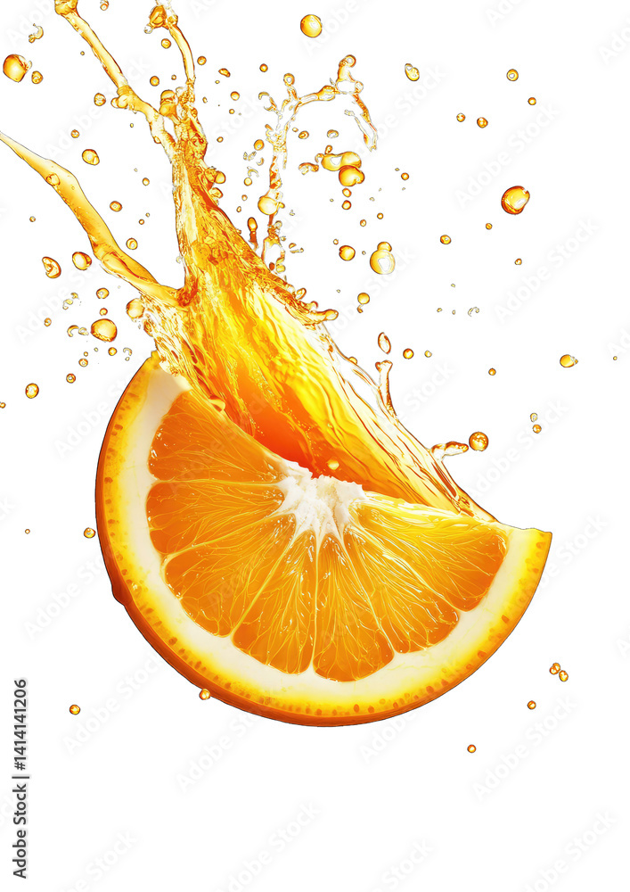 Poster a vibrant orange slice is captured mid-splash surrounded by droplets of juice creating a refreshing 