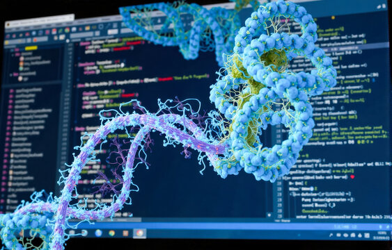 Artificial intelligence in genetic research, DNA analysis software interface, biotechnology coding background, molecular biology innovation, futuristic science, gene data processing, programming