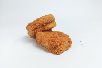 Fried tofu or crispy tofu fried in seasoned flour. Isolated on white background