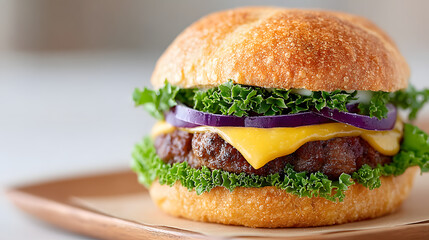 The most delectable and delicious burger you could ever imagine, with a perfectly stacked patty, fresh vegetables, and a delicious bun, set against a simple background.
