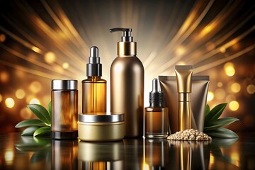 Naklejka premium Collection of beauty products including lotions, creams, and oils