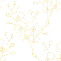 Elegance floral seamless pattern golden contours of orchid flowers romantic floral orchids bouquet on white background. 