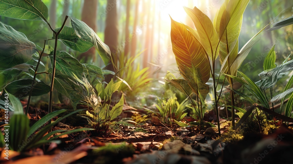 Poster sunlight filtering through green leaves in a lush forest creating a serene and tranquil natural atmo