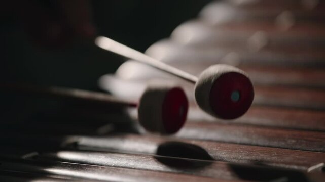 The "Ranat Ek," a traditional Thai instrument, is being played, producing a beautiful, resonant sound. Light reflects off the wooden bars, adding to its elegance.