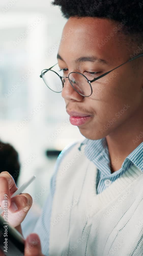 Aufkleber office, businessman and glasses with tablet for research, reading information and ux developer. care