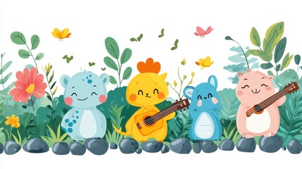 Naklejka premium Colorful animal friends playing musical instruments in a garden.