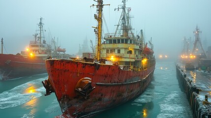 Fototapeta premium Several rusty cargo ships navigate a foggy harbor in winter.