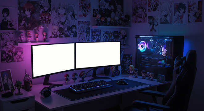 Anime Themed Gaming Setup with Dual Monitors and Rgb Lighting