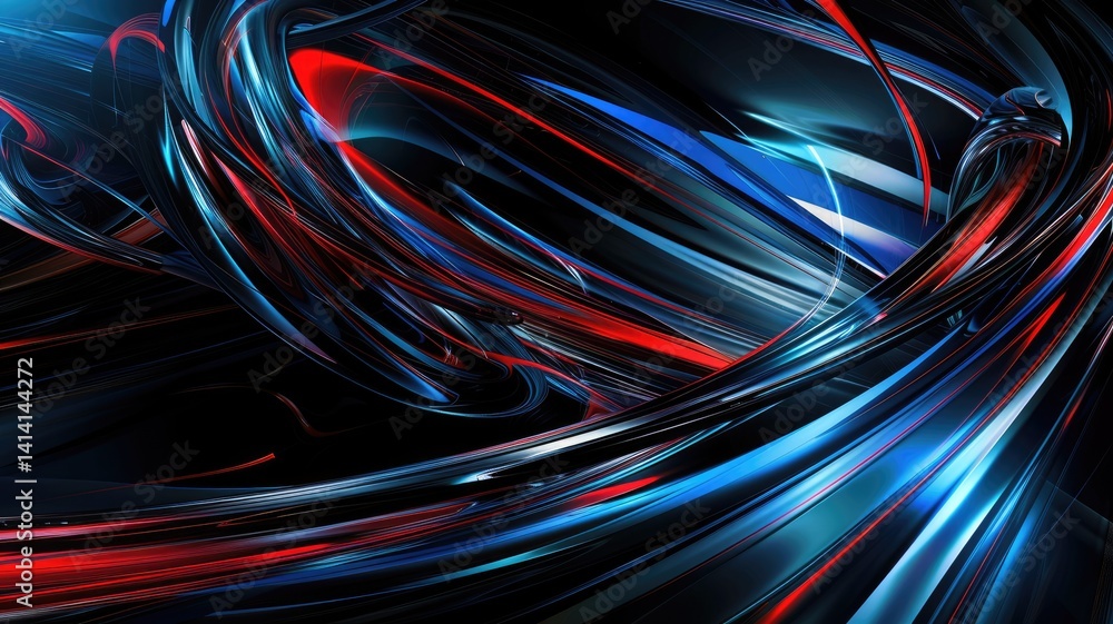 Poster a captivating abstract image featuring dynamic blue lines against a deep black background, creating 