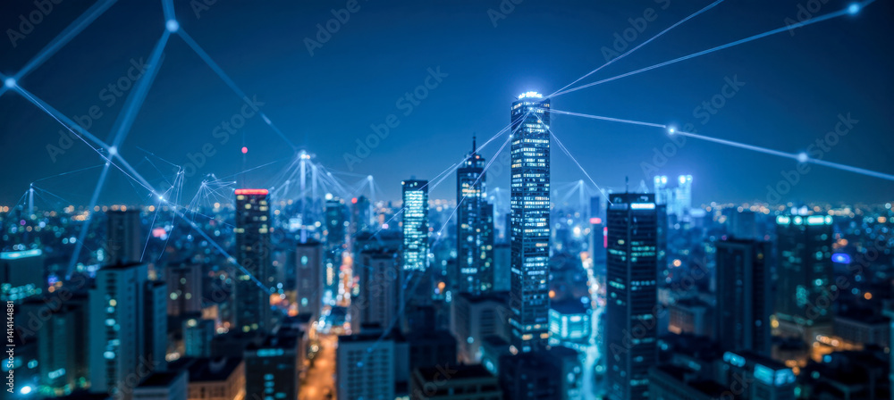 Poster modern city skyline with digital network links showing smart technology infrastructure and futuristi