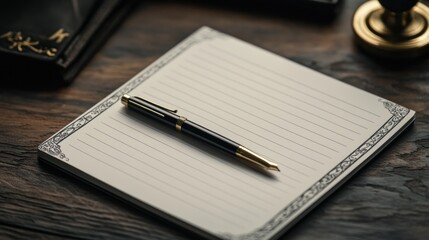 Elegant pen on lined notebook, wooden desk
