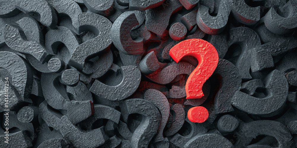 Poster red question mark among many gray ones, textured surface, symbolizes finding solution, unique idea, 