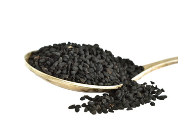 Black cumin seeds in a spoon lying on a PNG background.