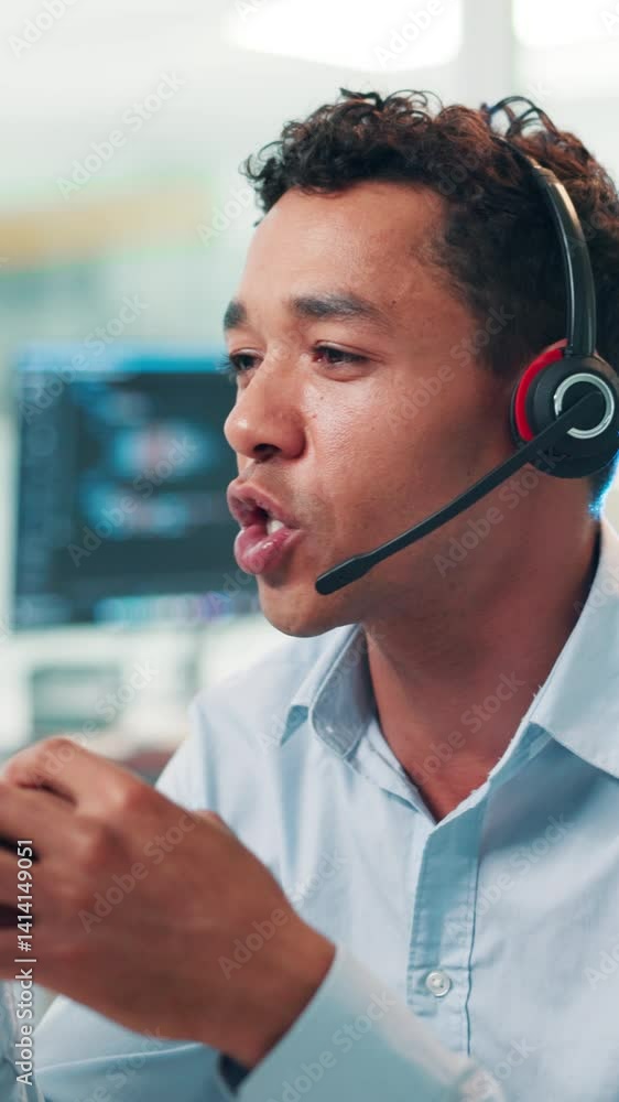 Poster office, businessman and support with headset for call center, consulting and agent for customer serv